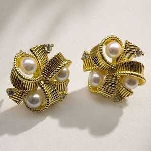 Ribbon Faux Pearl Stud Earrings in Gold Tone